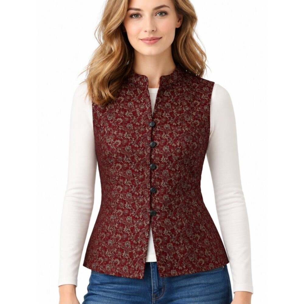 Vintage 1990s Casual Corner Burgundy Brocade Wool Blend Vest Size 10